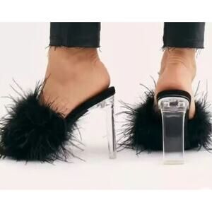Jeffrey Campbell Shoes Womens Size 10 Feather Fluff Heels Clear Lucite Mules